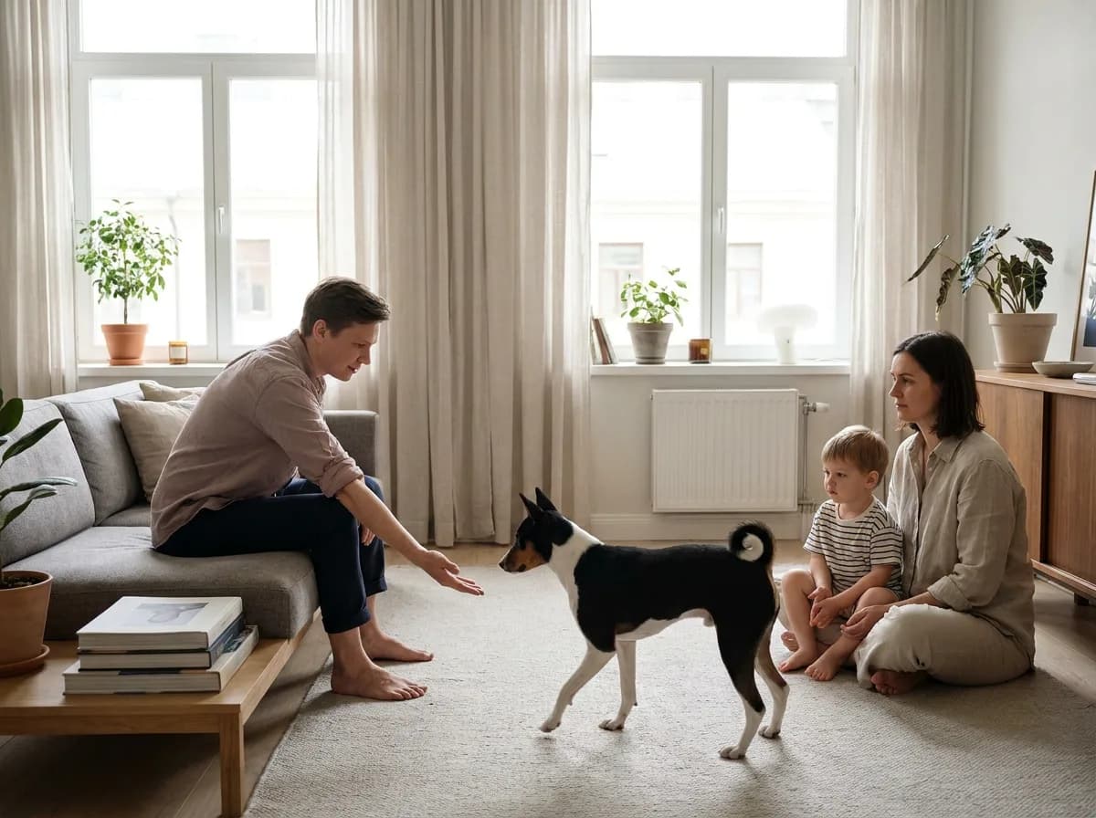 Basenji approaches a seated adult while another adult supervises a nearby child.