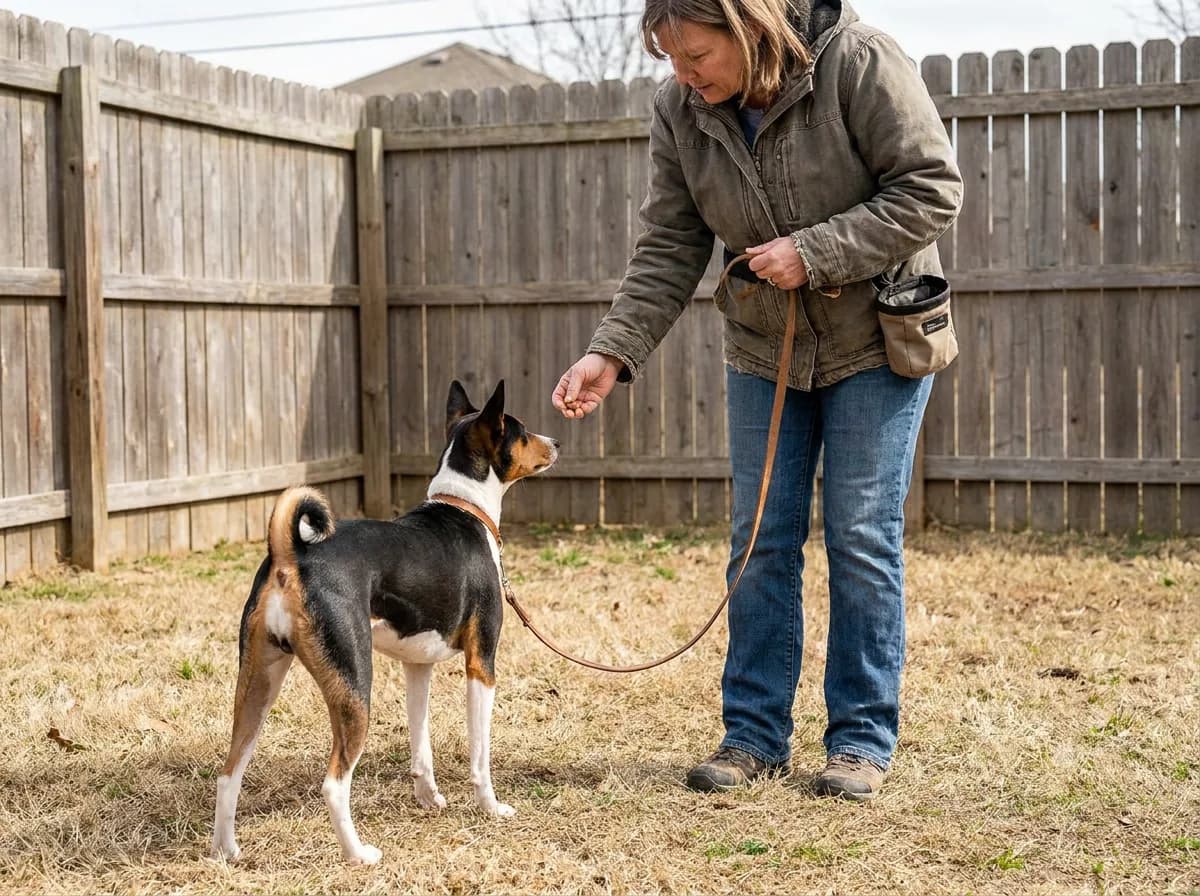 Tricolor Basenji turns toward a reward offered by its handler in a fenced yard.