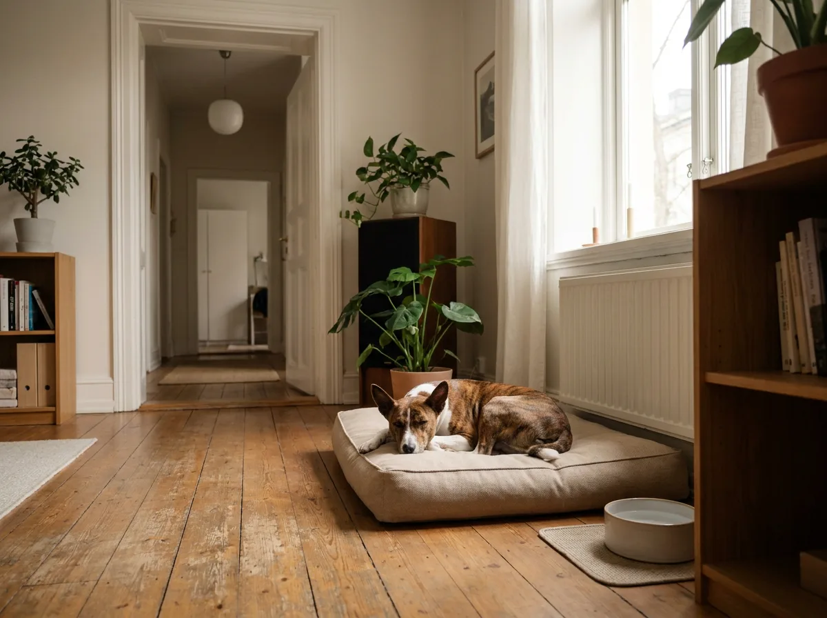 Brindle Basenji rests on a plain bed beside water in a quiet room.