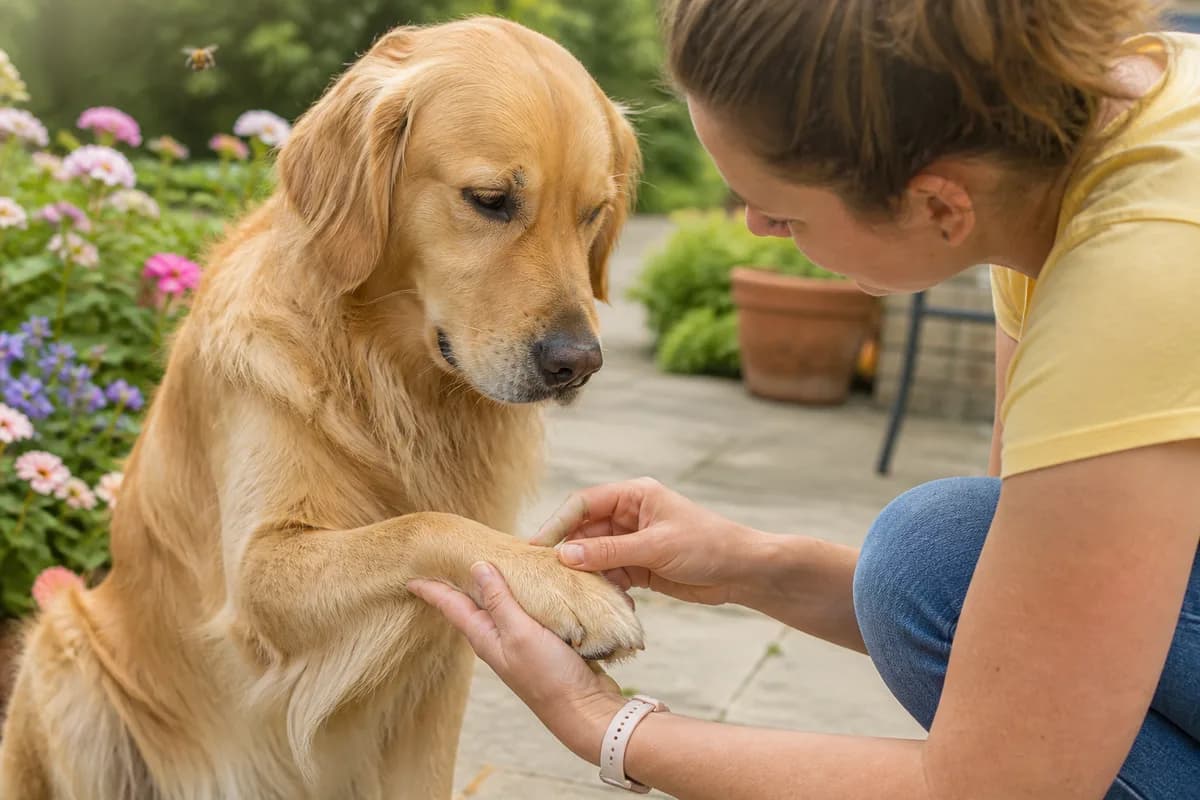 Owner checking a golden retriever's front paw for a visible stinger or swelling after a suspected bee sting