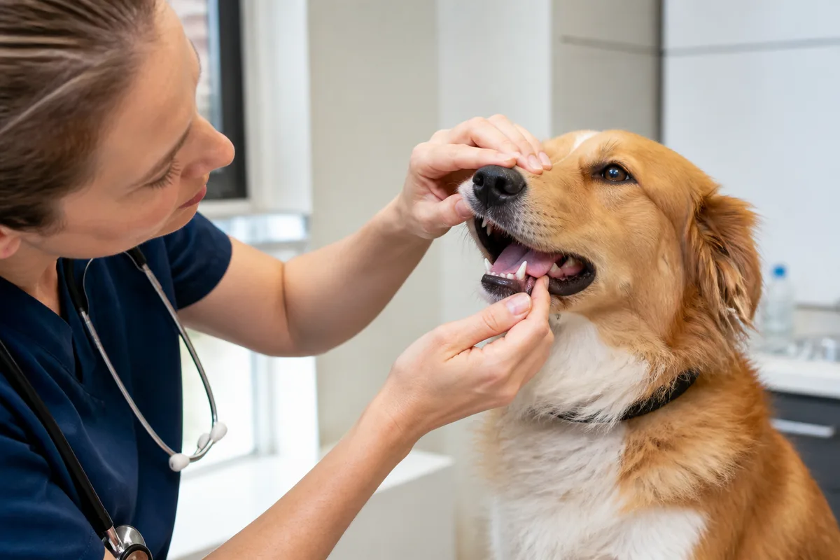 Veterinarian showing where to check lips and muzzle for swelling near the airway after a suspected bee sting