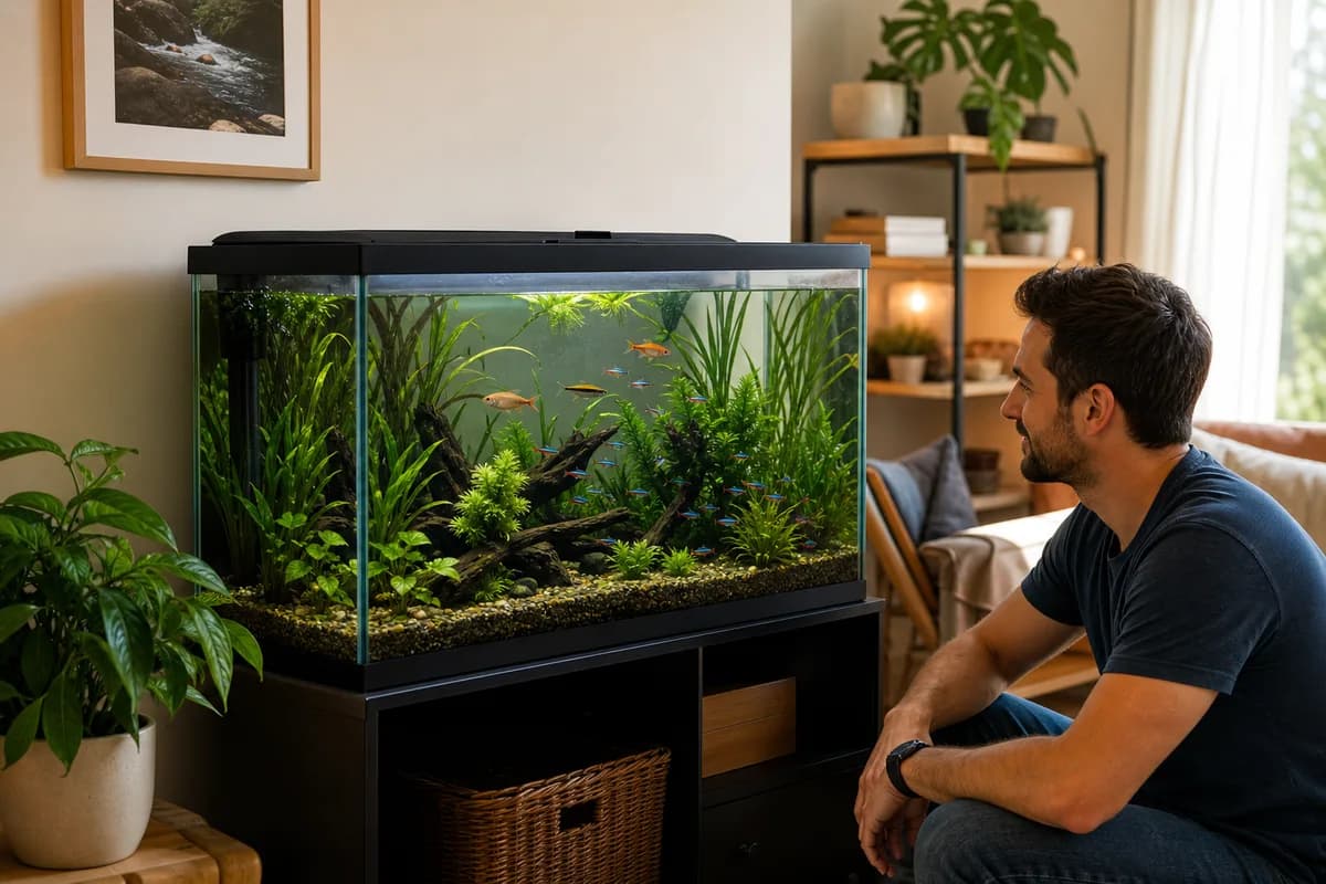 Man admiring a planted freshwater aquarium with a small school of colorful fish