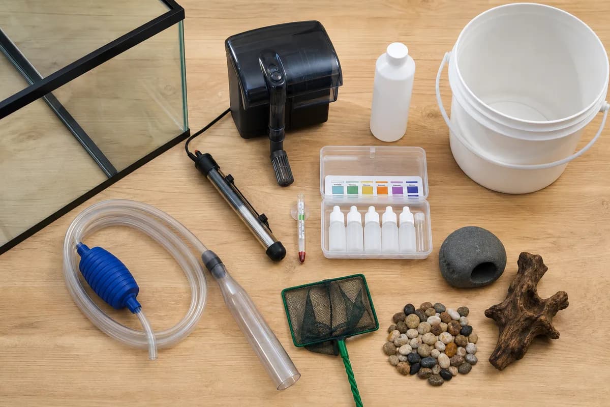 Essential beginner aquarium equipment including a filter, heater and water test kit