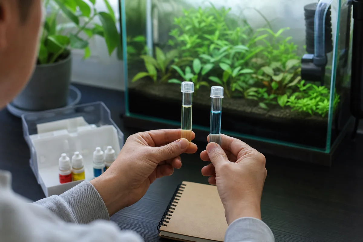 Fishless-cycle water testing used to test ammonia and test nitrite beside a planted aquarium
