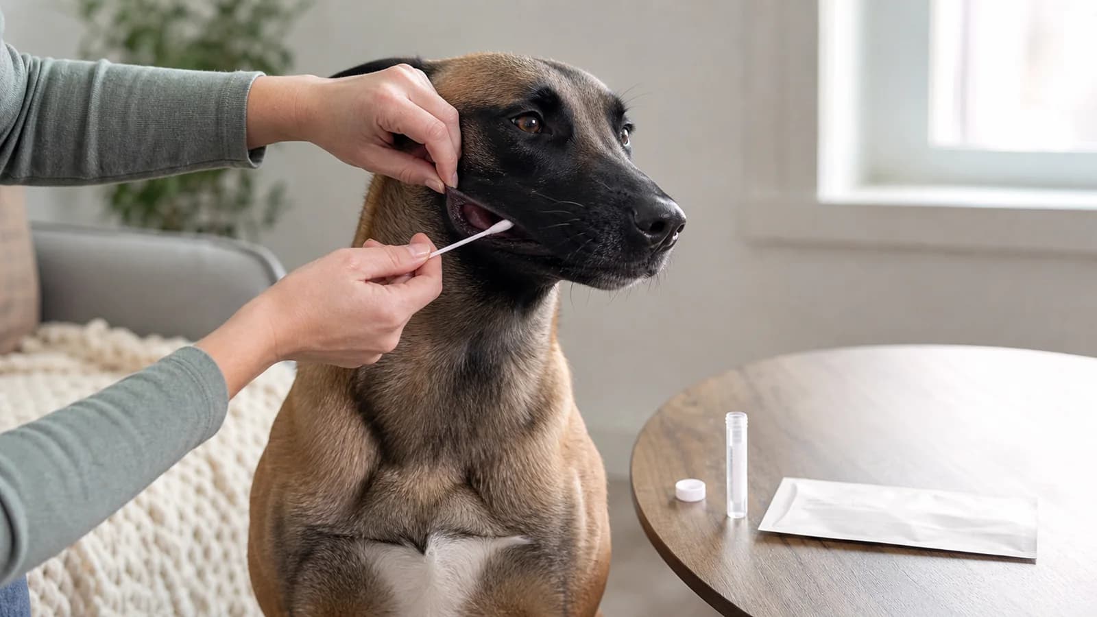 An owner gently using an unbranded dog DNA cheek swab on a relaxed mixed-breed dog with Malinois-like features