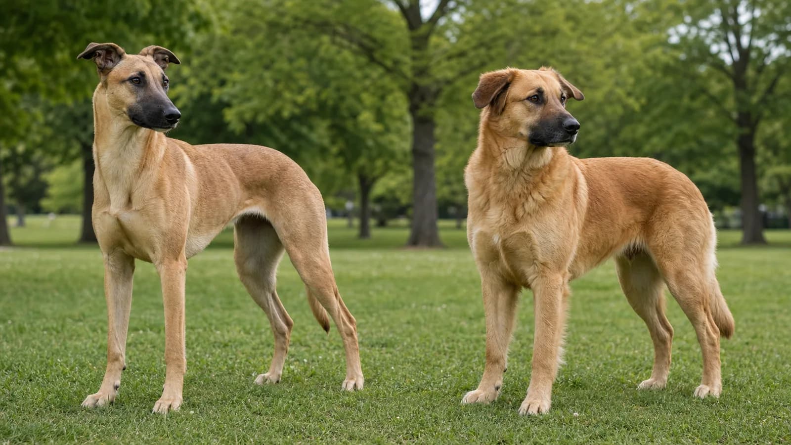 A lean short-coated Belgian Malinois mix and a fuller-coated golden Belgian Malinois mix standing side by side in a green park