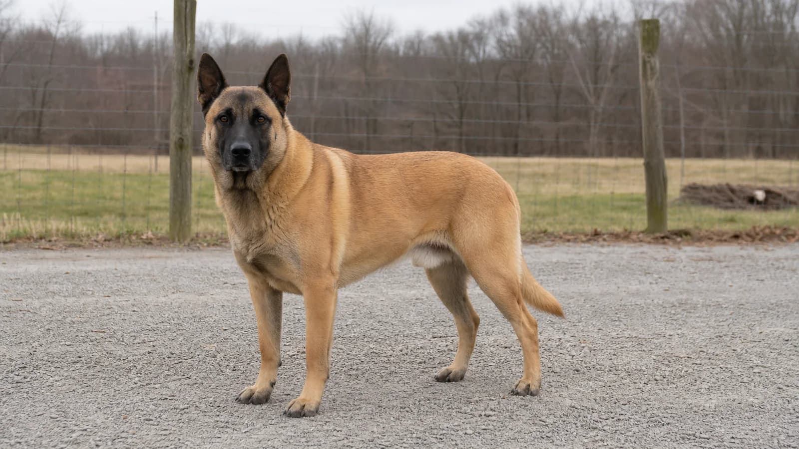 A large fawn black-masked Belgian Malinois mix standing calmly beside a wire fence on a quiet gravel path