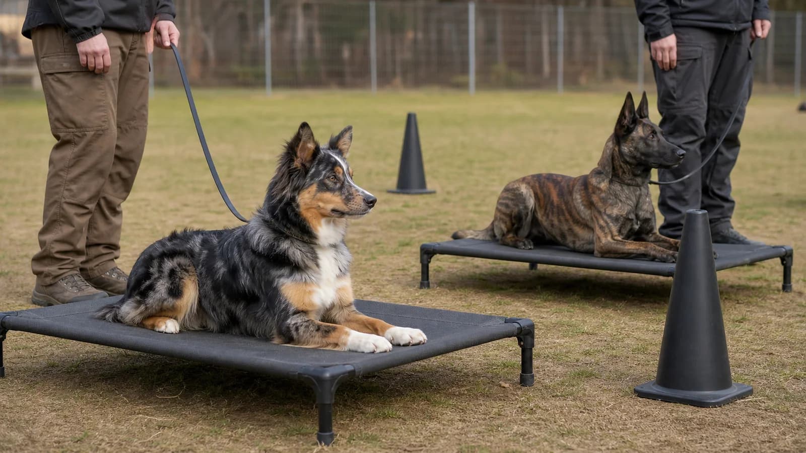 Australian Shepherd-type and Dutch Shepherd-type Belgian Malinois mixes performing controlled training exercises in a field