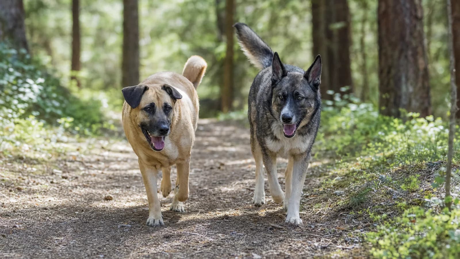 A tan black-masked Labrador-type Belgian Malinois mix and a gray Husky-type mix walking side by side on a wooded trail