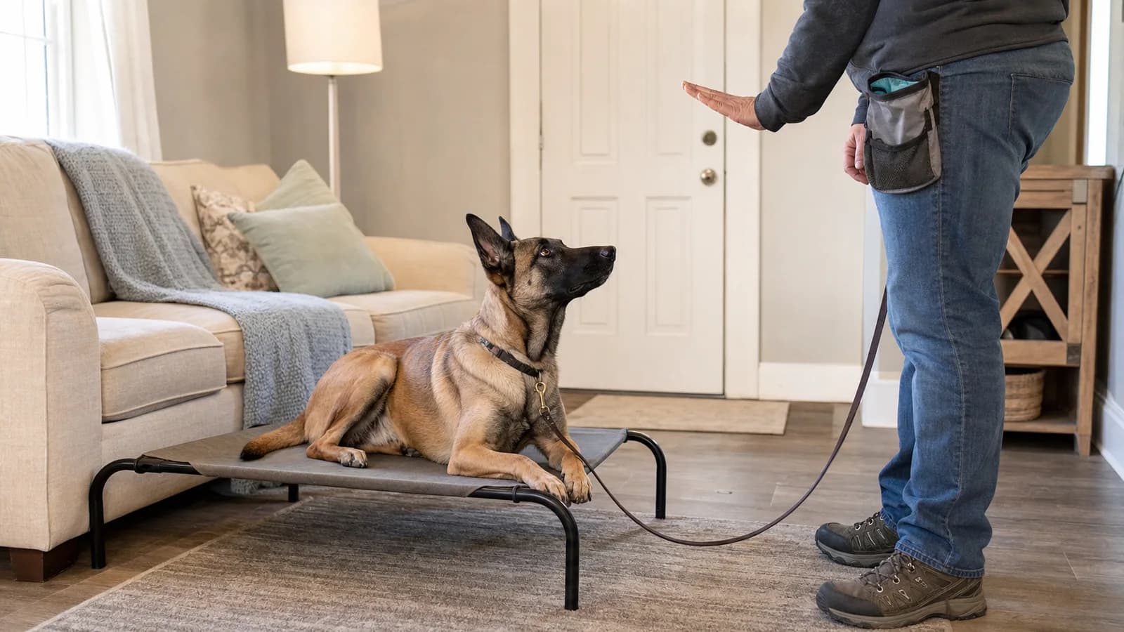 A Belgian Malinois mix practicing a calm place command on a raised mat with an experienced handler