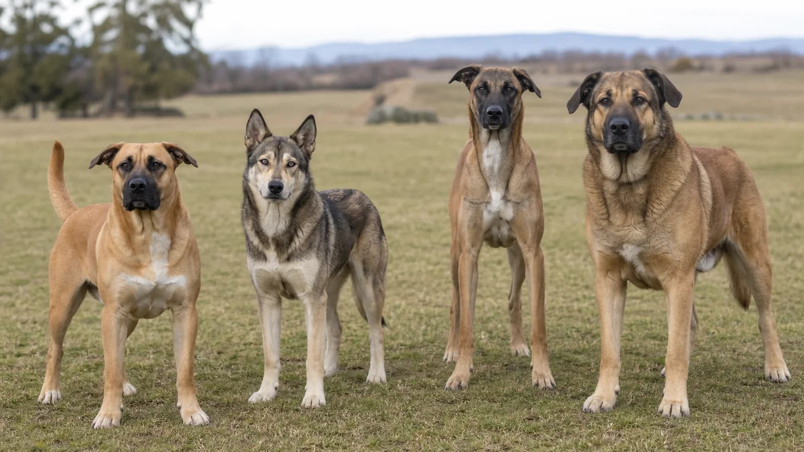 A varied group of adult Belgian Malinois mixes with athletic, retriever, guardian, and herding builds standing together in a grassy field