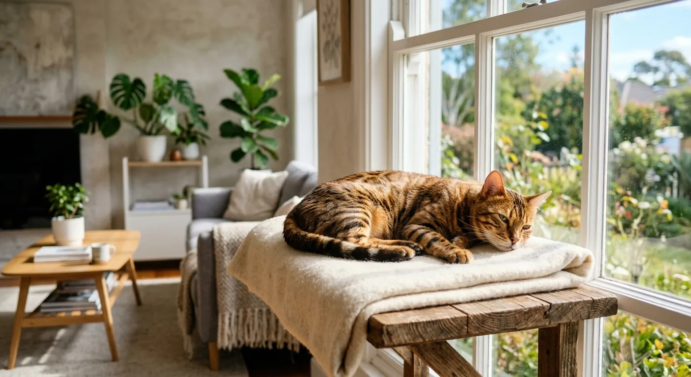 Golden-brown Bengal cat mix with bold rosetted markings curled on a wool blanket by a sunny window