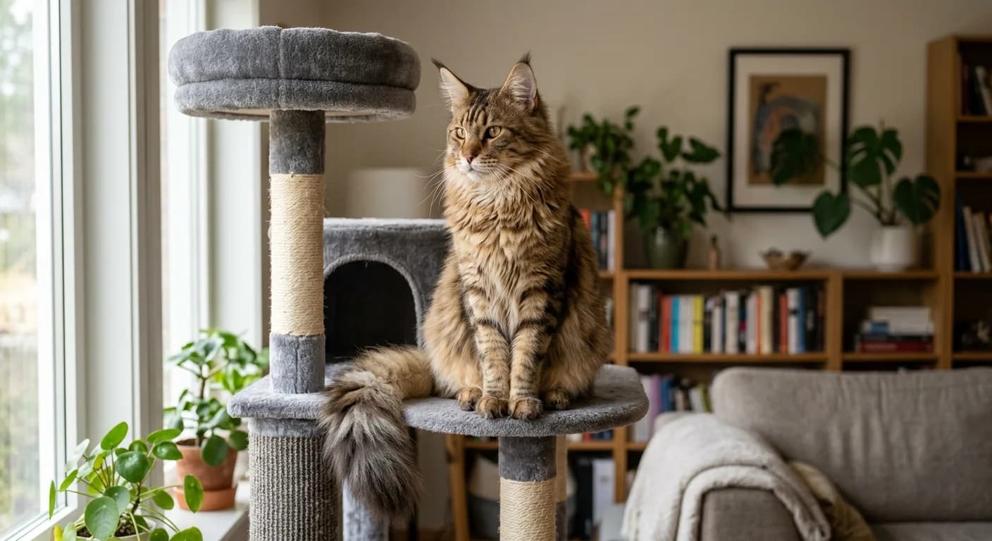 Large fluffy brown tabby Bengal Maine Coon mix with faint rosette markings and tufted ears sitting on a tall carpeted cat tree