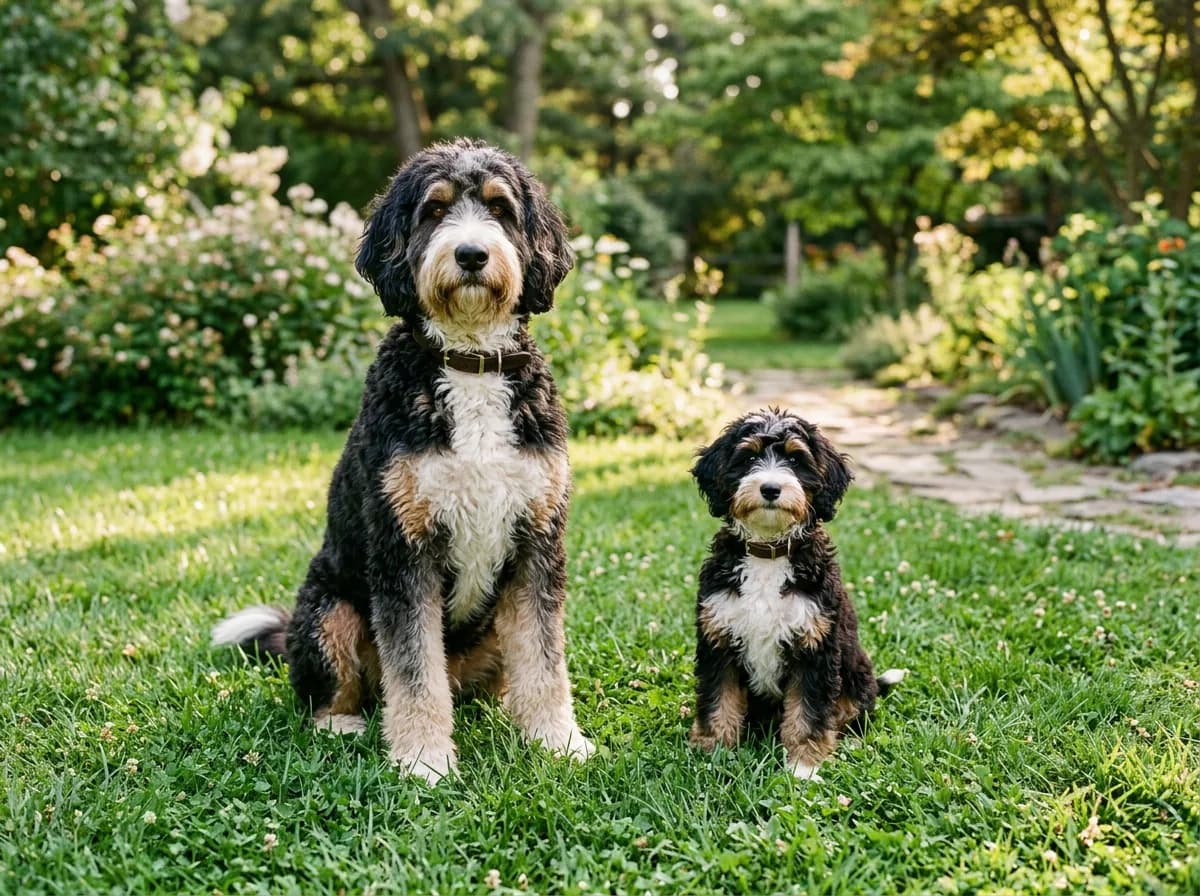 A standard Bernedoodle and a miniature Bernedoodle sitting side by side on a lawn, showing the dramatic size difference, both looking at the camera