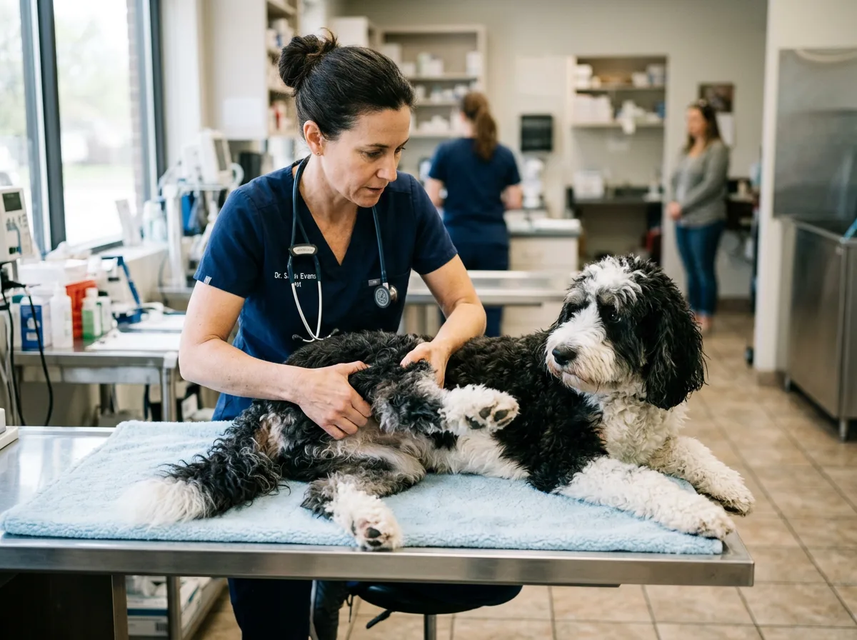 A veterinarian gently examining the hip and hind leg of a calm black-and-white bicolor Bernedoodle lying on an exam table, clinical setting