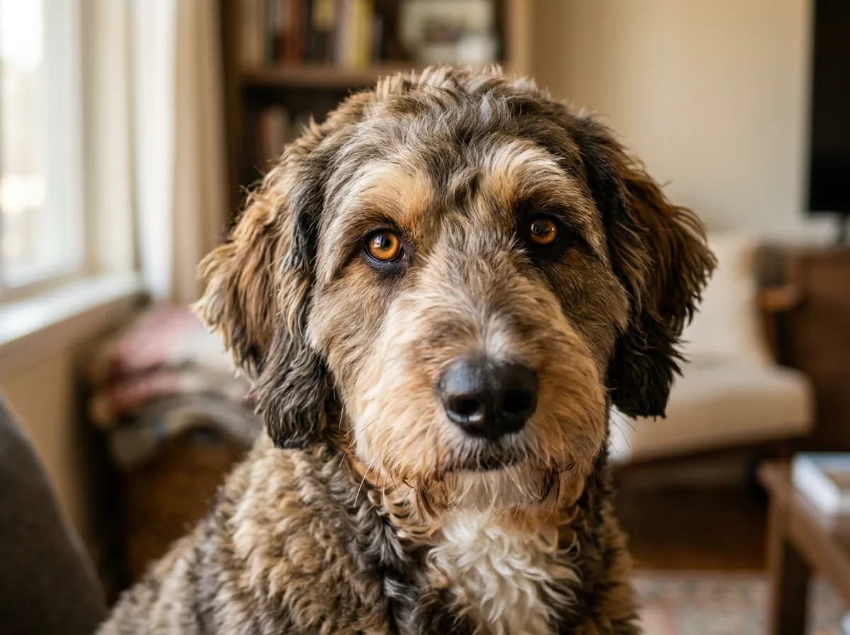 A close-up head portrait of a sable and cream wavy-coated Bernedoodle, clear amber eyes in sharp focus, warm indoor lighting