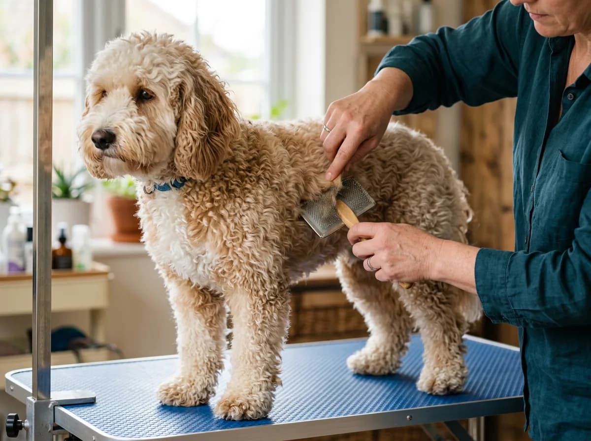 A cream and apricot Bernedoodle being brushed on a grooming table, curly coat visible in detail, owner's hands with a slicker brush