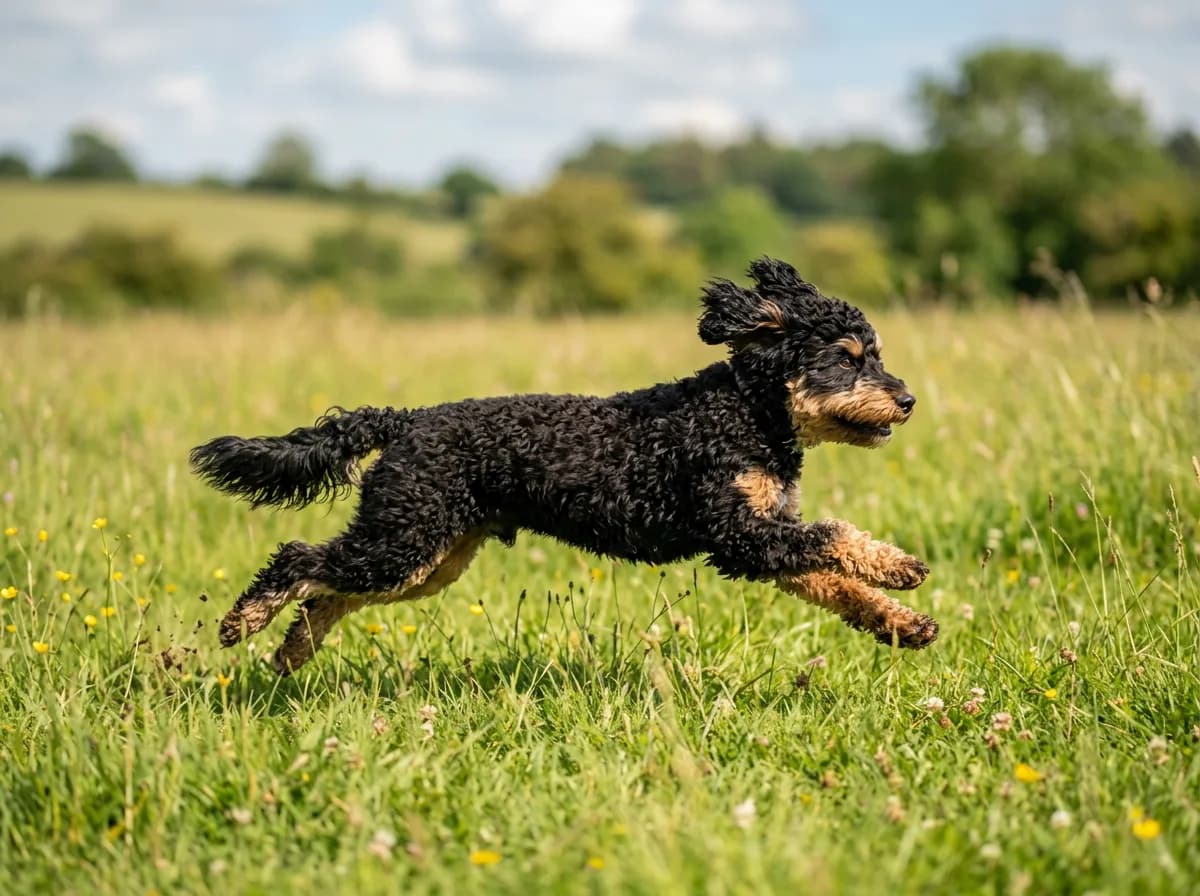 A healthy phantom-colored (black and tan) miniature Bernedoodle running mid-stride across an open green field, dynamic side-on action shot, bright daylight