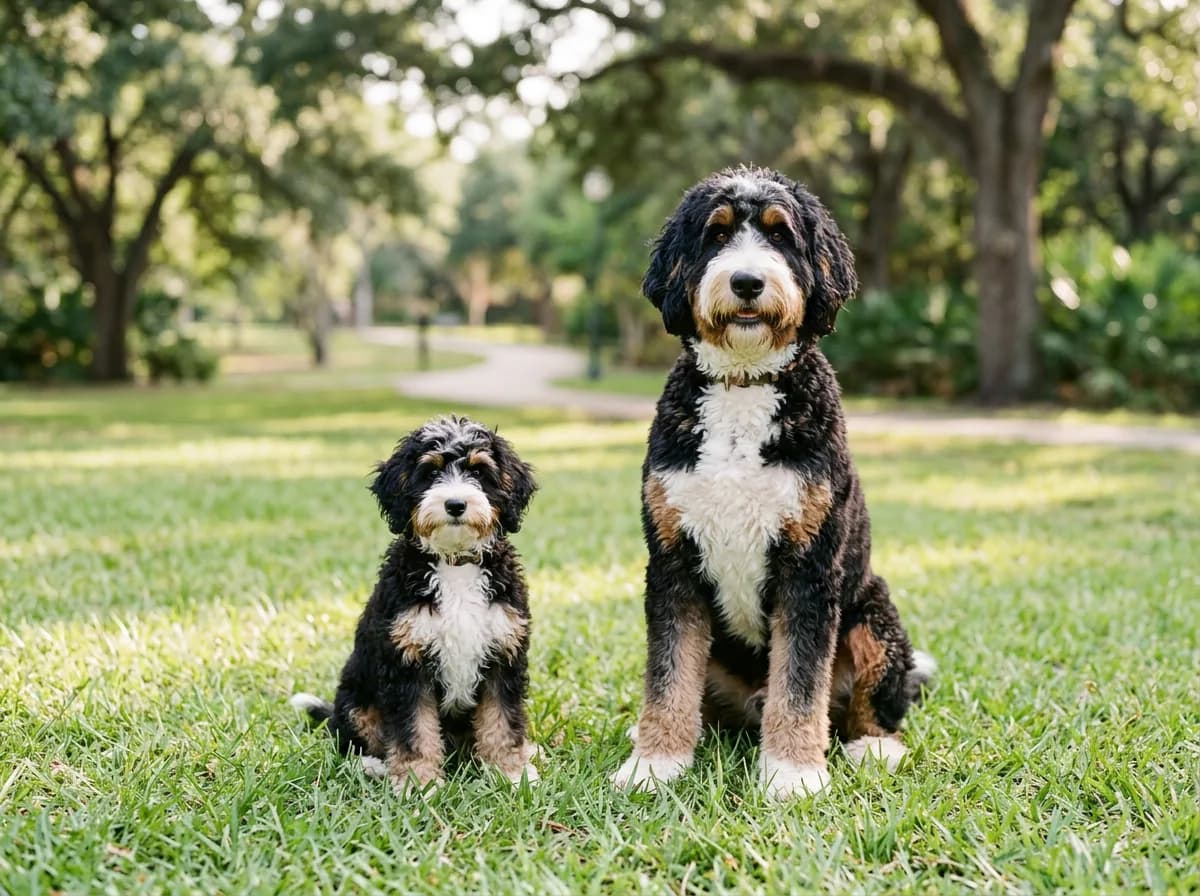 A side-by-side comparison of a small toy Bernedoodle sitting next to a large standard Bernedoodle on green grass in a park, both facing the camera