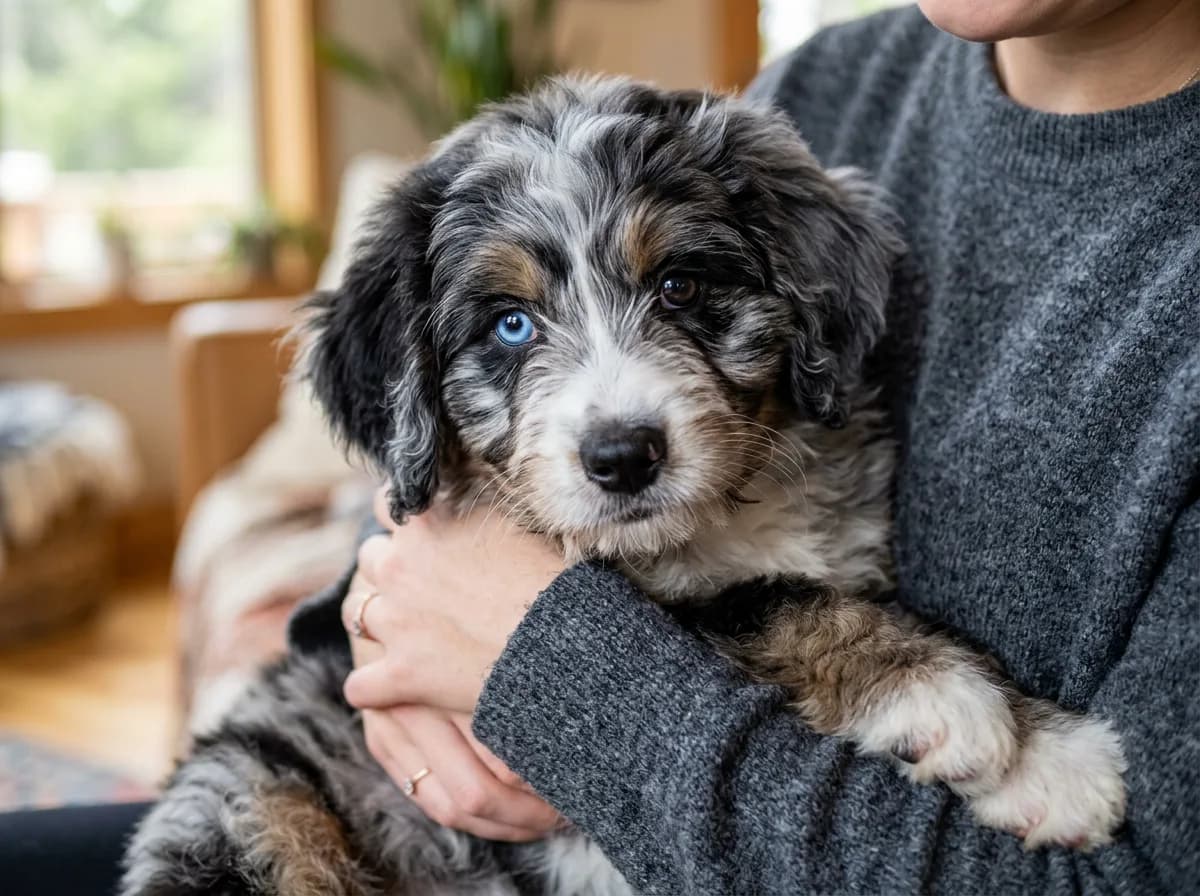 A blue-merle mini Bernedoodle puppy with one blue eye being cradled in a person's arms indoors, close-up on the face
