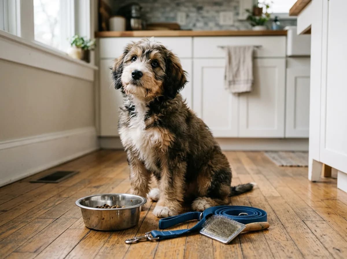 A sable-and-white Bernedoodle puppy sitting on a kitchen floor beside a stainless food bowl, a leash, and a grooming brush, looking up
