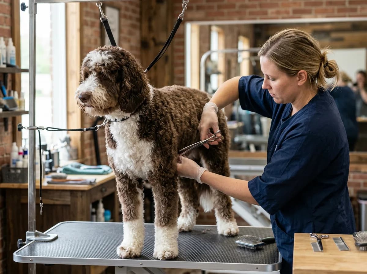 A professional groomer trimming the curly coat of a chocolate-and-white Bernedoodle standing on a grooming table, side profile