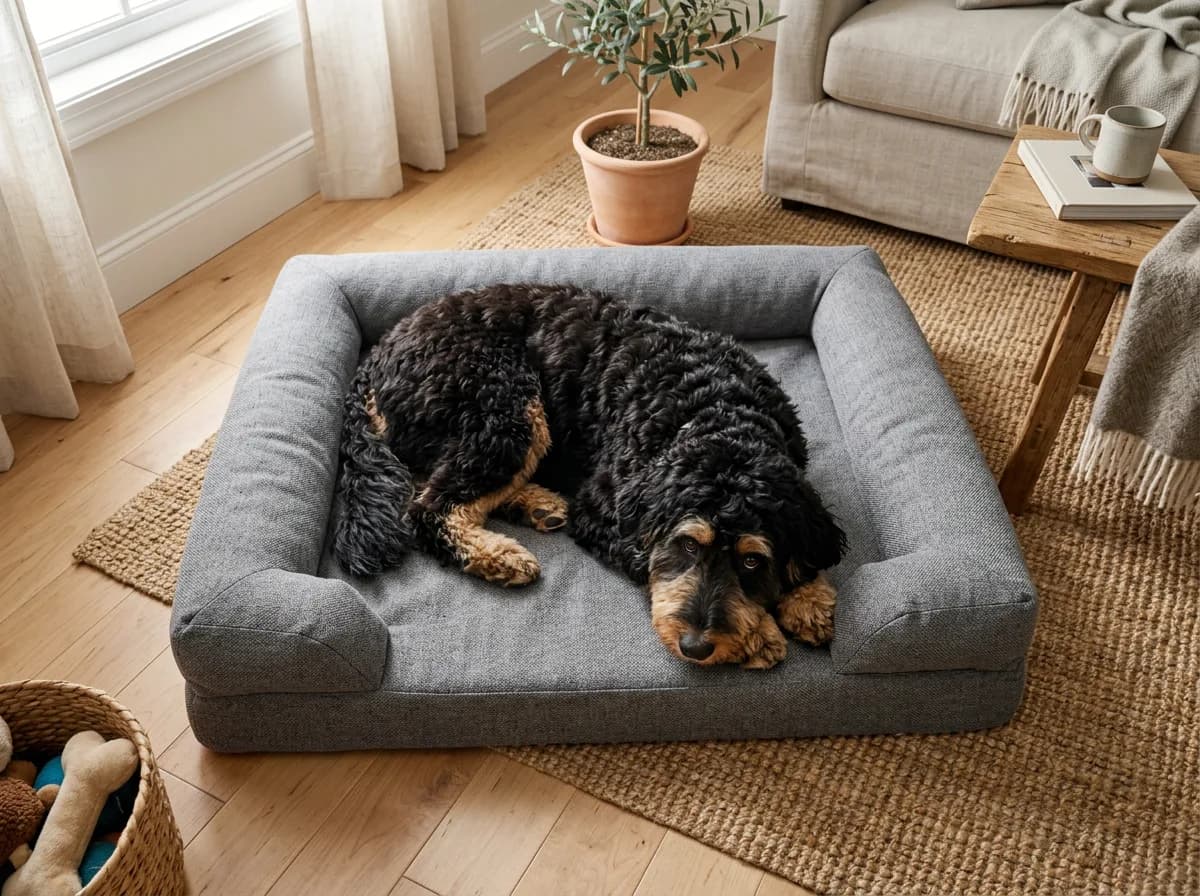A phantom black-and-tan Bernedoodle lying on a large gray orthopedic dog bed in a bright living room, viewed from above
