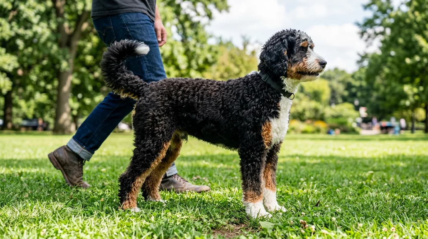 full-body tri-color standard Bernedoodle standing on green park grass, side profile, adult human legs visible behind for scale, bright midday light