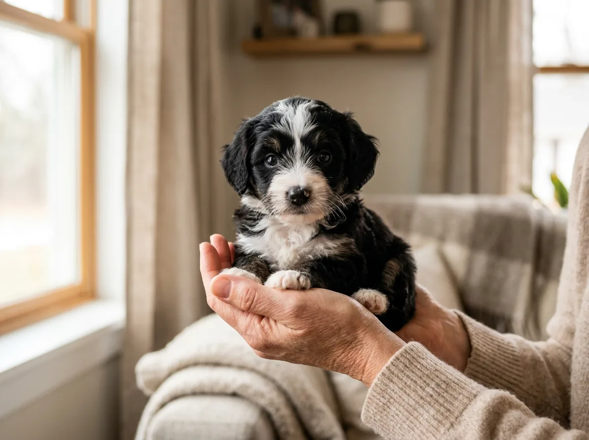 tiny black-and-white Bernedoodle puppy sitting cupped in two adult hands, close-up, soft indoor window light showing its small scale