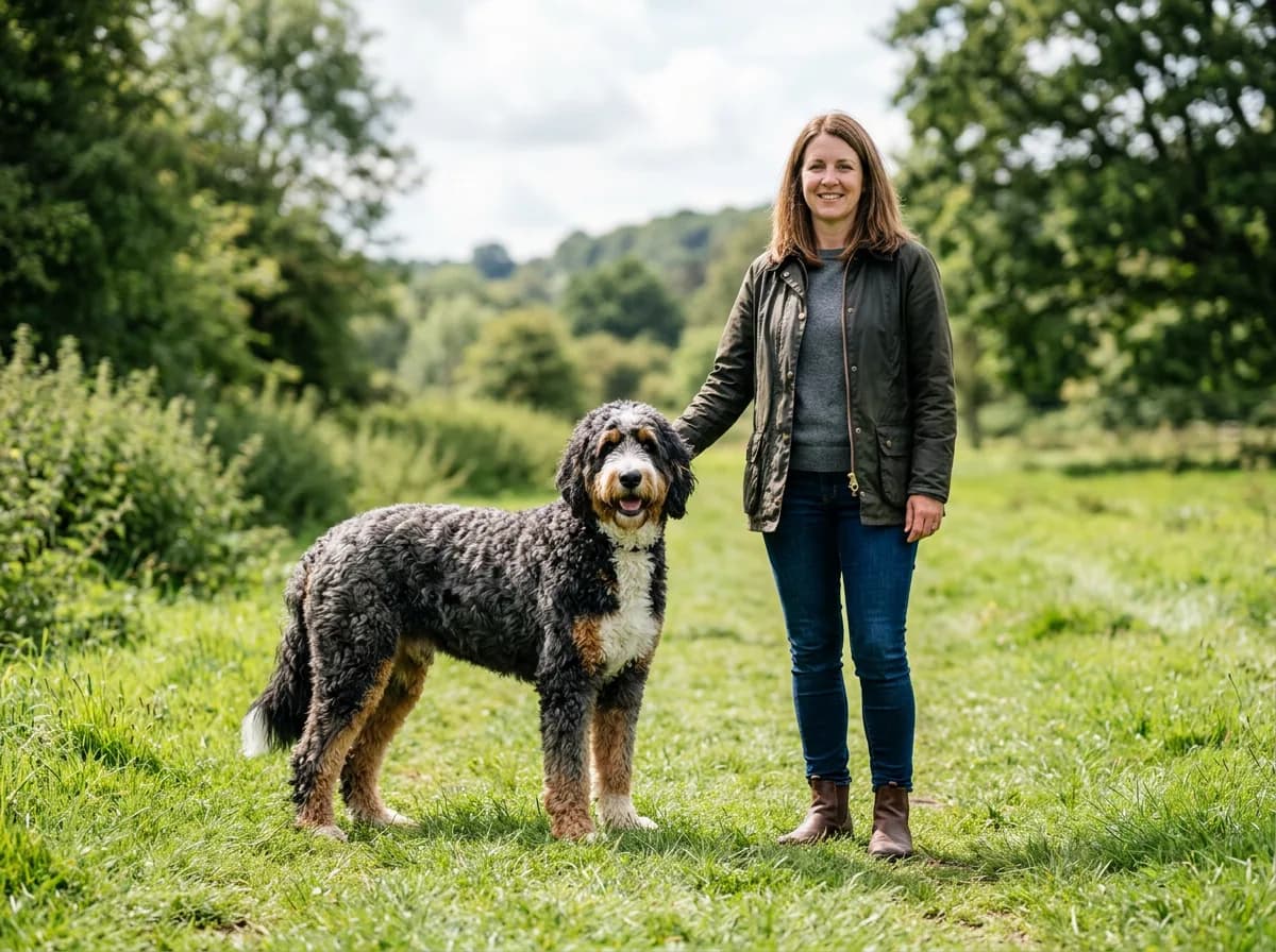 A large standard Bernedoodle standing on grass beside an adult person for size comparison, full body, outdoor daylight