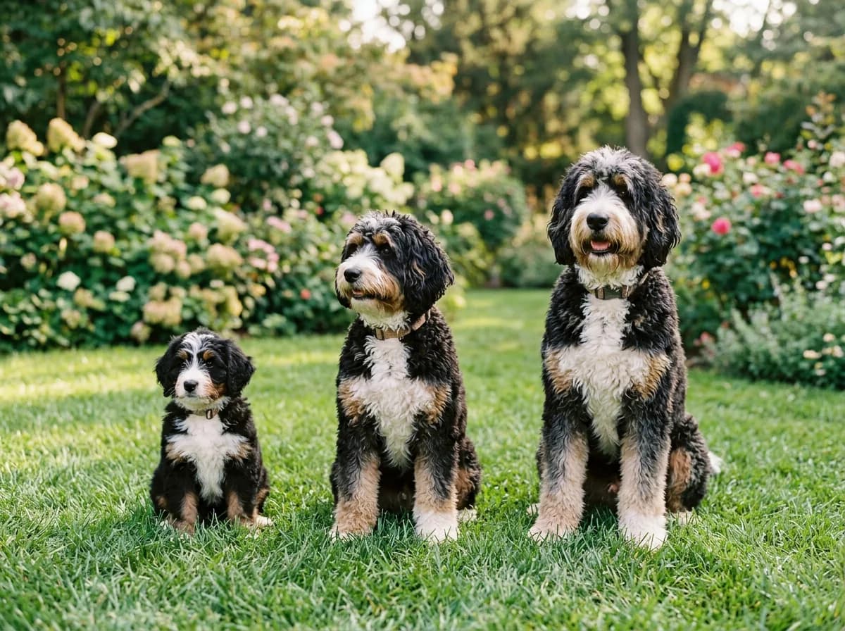 Three Bernedoodles of clearly different sizes (tiny, miniature, and standard) sitting in a row on a lawn, side by side for scale