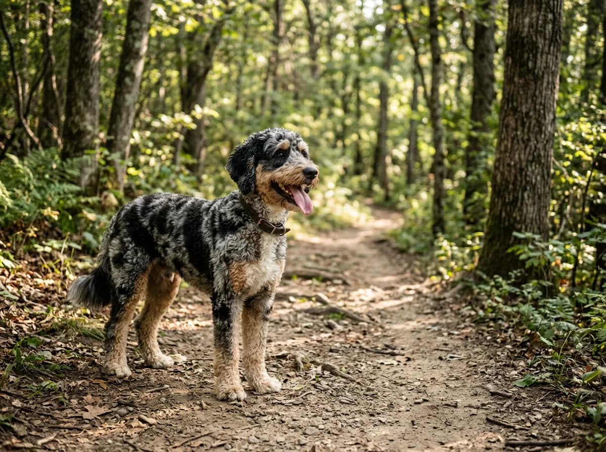 adult merle mini Bernedoodle standing alert on a dirt hiking trail, three-quarter angle, dappled forest light, tongue out