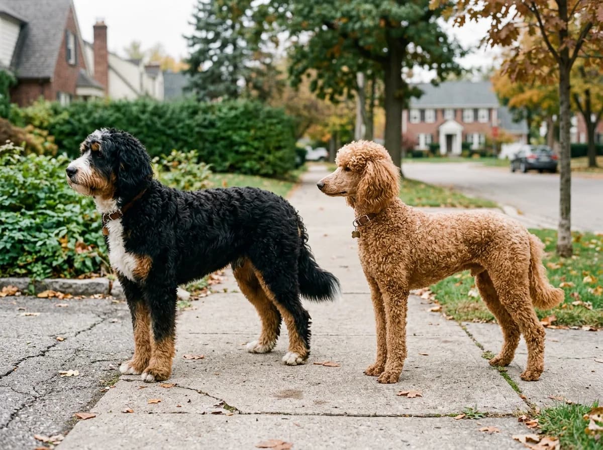 a large tri-color adult Bernedoodle standing next to a curly apricot standard Poodle on a suburban sidewalk, both in profile, illustrating the Poodle parent influence, overcast daylight