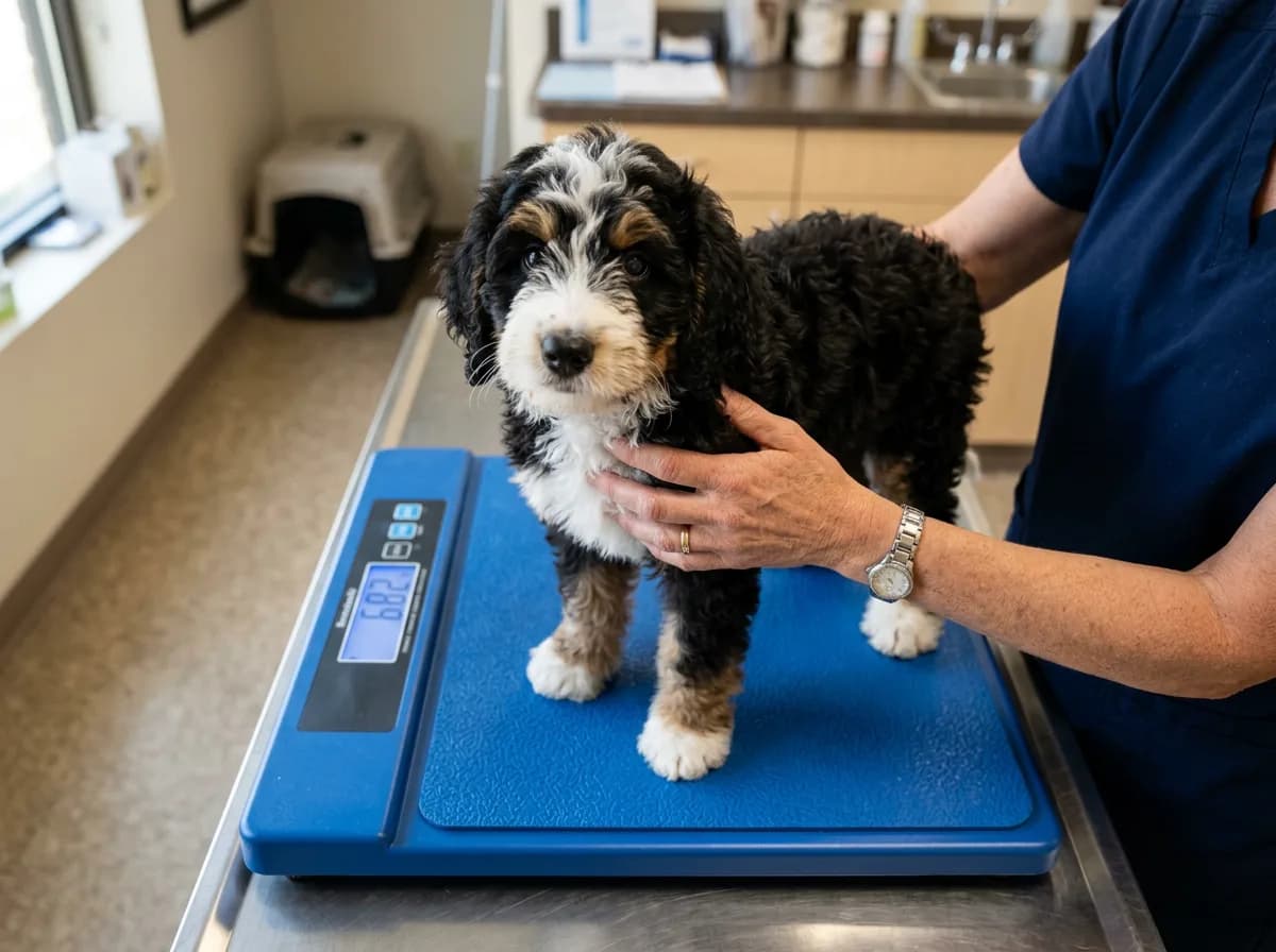 a fluffy Bernedoodle puppy standing on a blue veterinary scale being weighed, top-down angle, clinic setting, technician hands steadying it