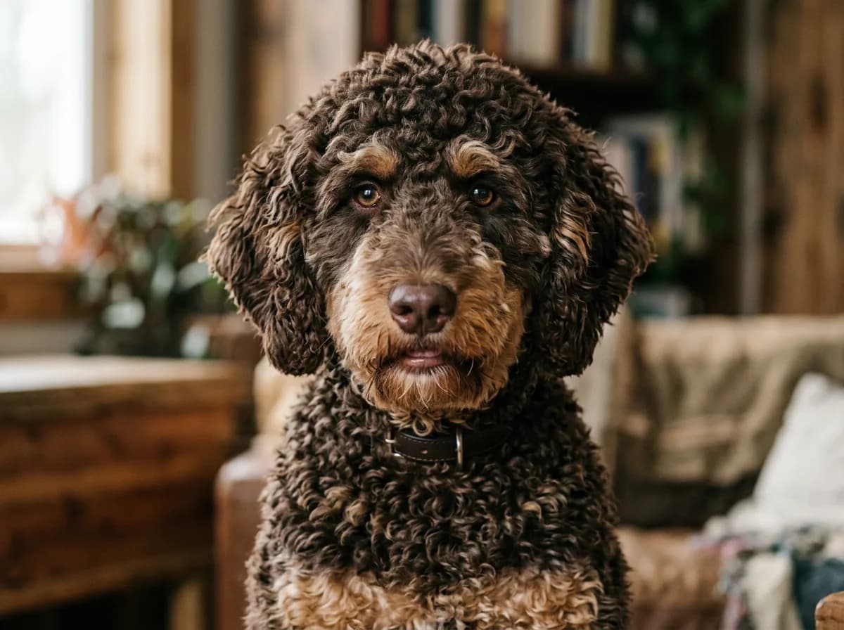 a curly chocolate-and-tan phantom F1b Bernedoodle head-and-shoulders close-up, studio-soft light, showing dense curly coat texture