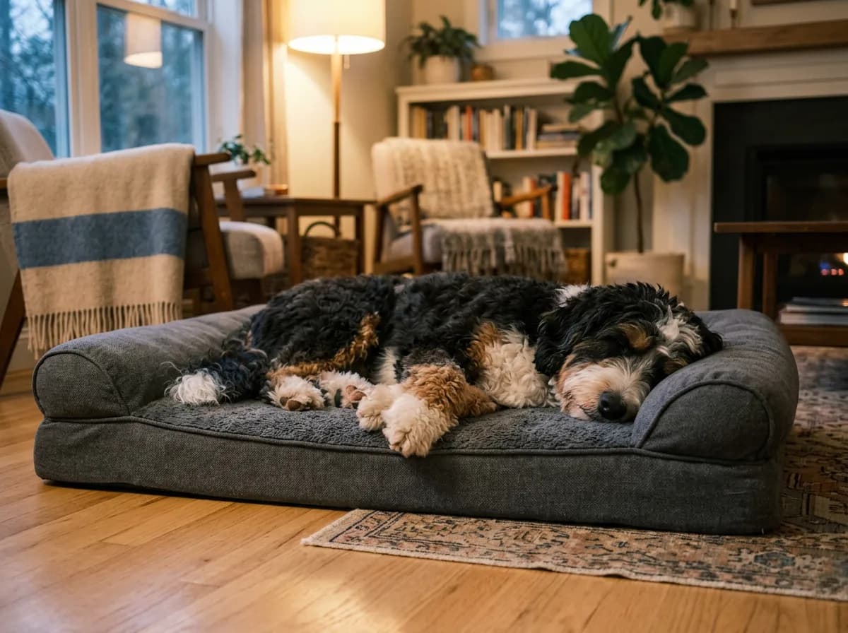 an adult standard Bernedoodle lying comfortably on a large gray orthopedic dog bed in a living room, relaxed, warm lamp light