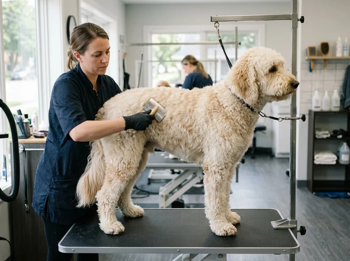a professional groomer brushing out the coat of a standing cream Bernedoodle on a grooming table, side view, bright salon lighting