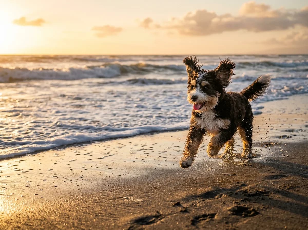 a small mini Bernedoodle running along wet sand at the beach, motion, low sun behind it casting a warm glow, ears flying
