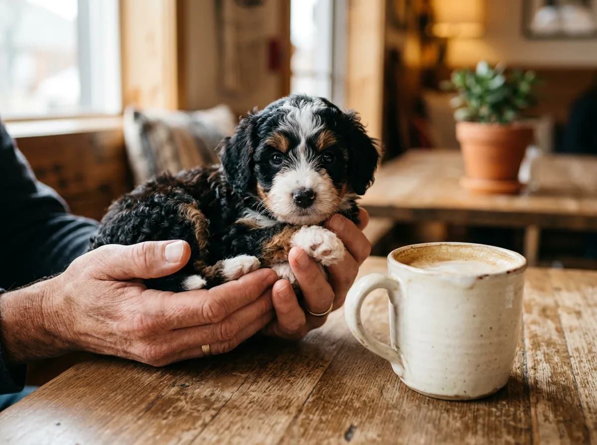 A tiny toy Bernedoodle puppy cupped in two adult hands next to a coffee mug for scale, soft indoor light
