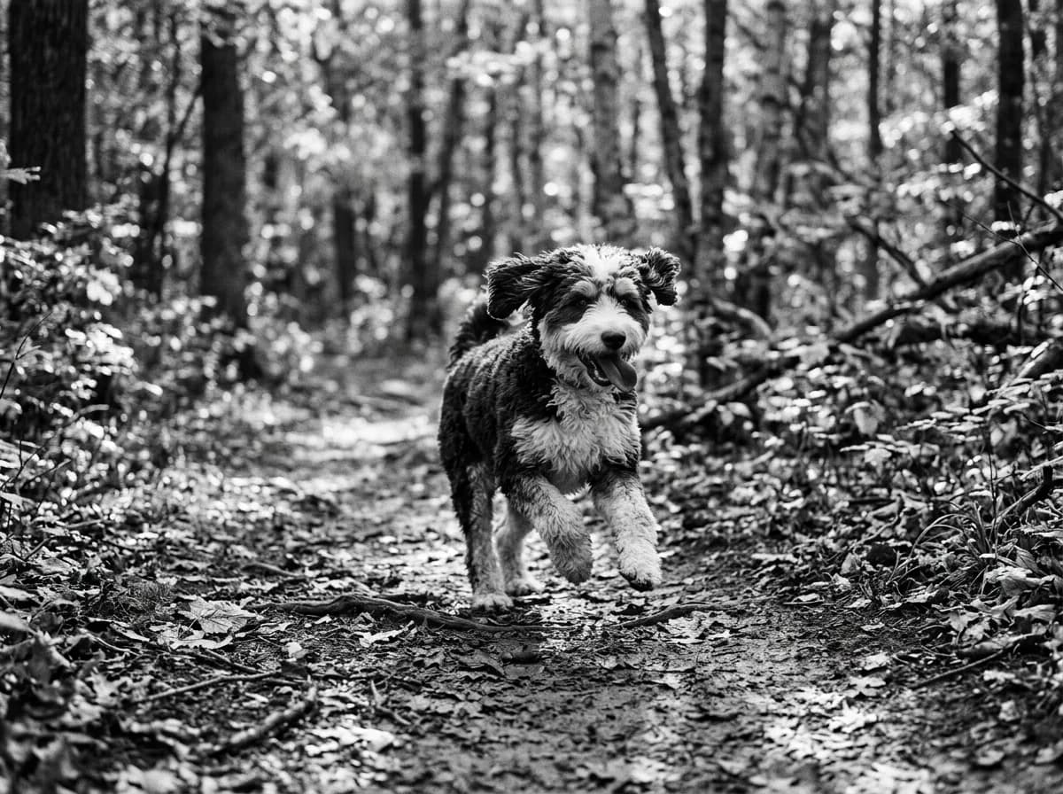 a black-and-white Mini Bernedoodle mid-trot on a woodland trail, tongue out, motion in the legs, dappled forest light