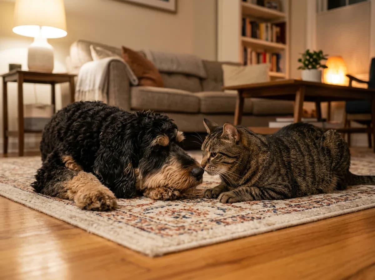 a phantom-colored (black and tan) Bernedoodle lying calmly on a living-room rug nose to nose with a tabby house cat, cozy indoor lamp light