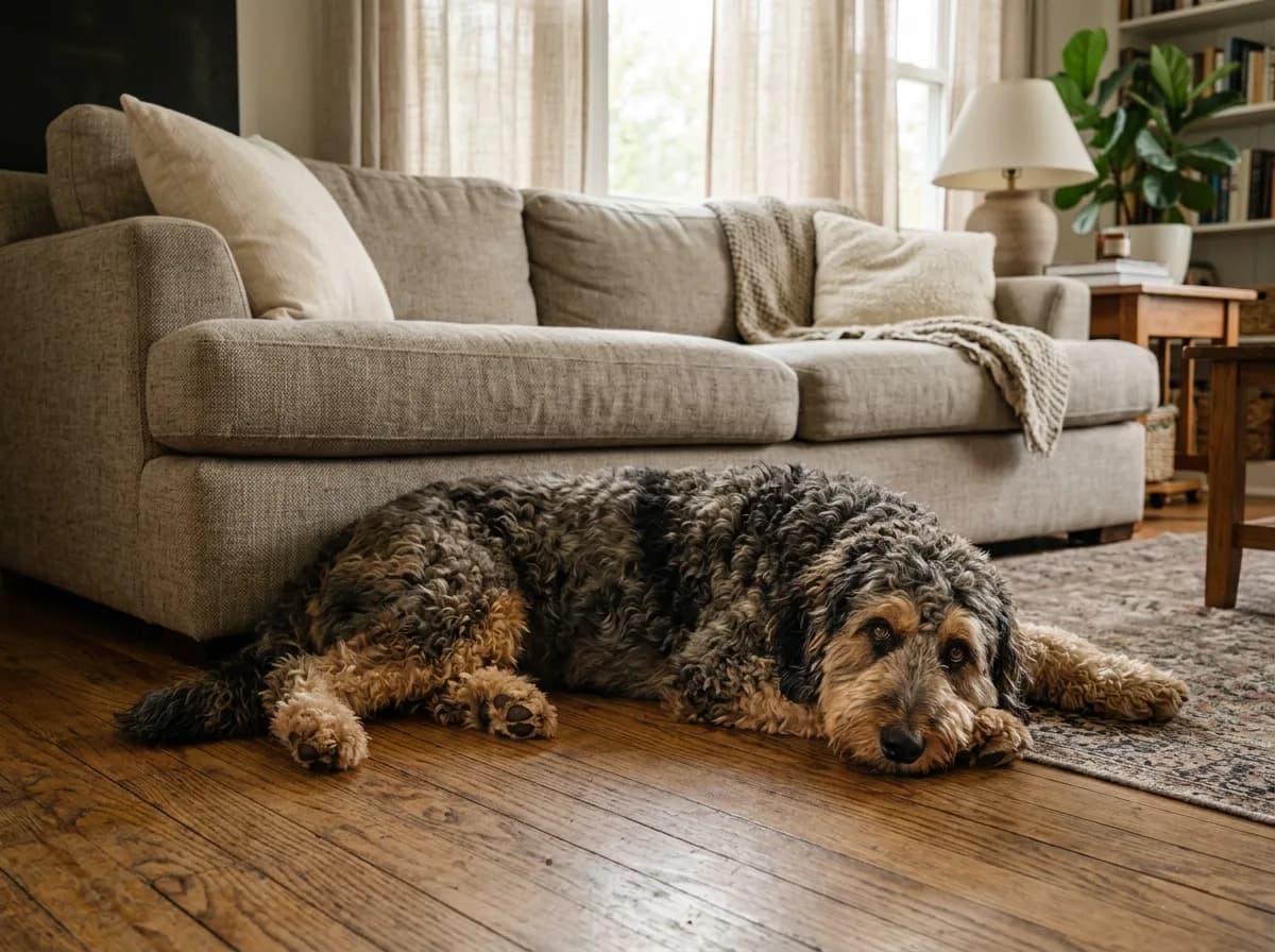 a large sable Standard Bernedoodle lying calmly on a hardwood living-room floor beside a couch, soft indoor lighting, relaxed and settled
