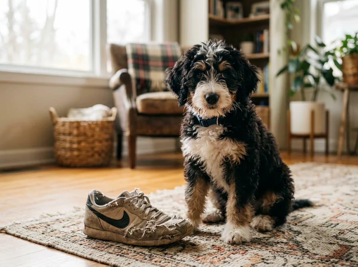a Bernedoodle puppy sitting beside a chewed shoe on a rug, slightly guilty expression, illustrating adolescent behavior challenges, natural window light