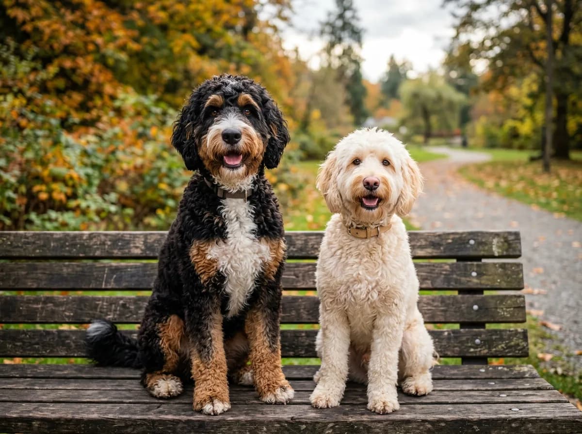 two curly doodles side by side on a park bench, a darker tricolor Bernedoodle next to a cream Goldendoodle, clear size and color contrast, bright overcast day