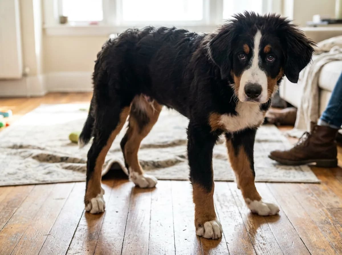 Leggy Bernese Mountain Dog puppy standing on a wooden floor.