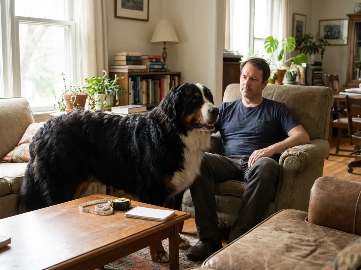Adult Bernese Mountain Dog standing beside a person seated in an armchair.