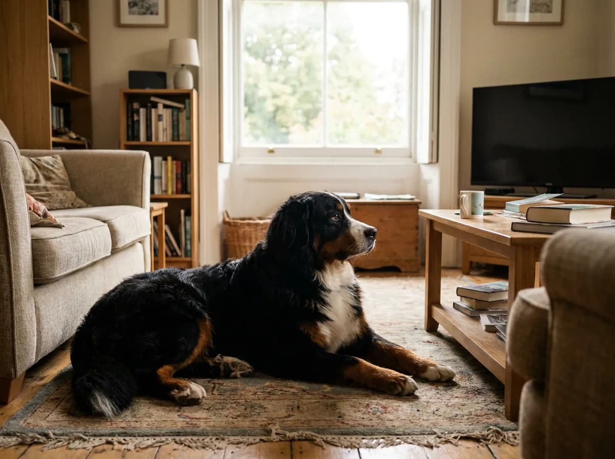 Tricolor Bernese Mountain Dog resting on a rug near a living-room sofa.