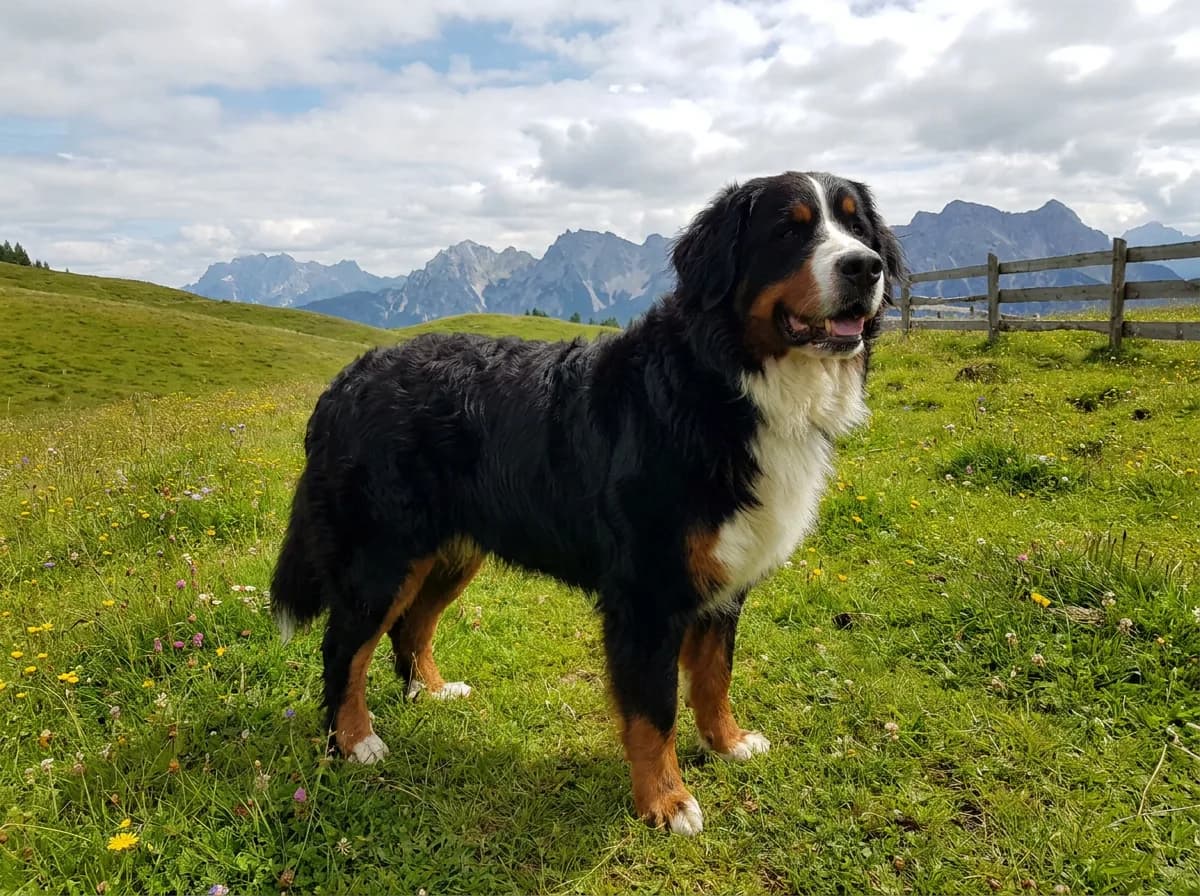 Bernese Mountain Dog standing in a green pasture with mountains in the distance.