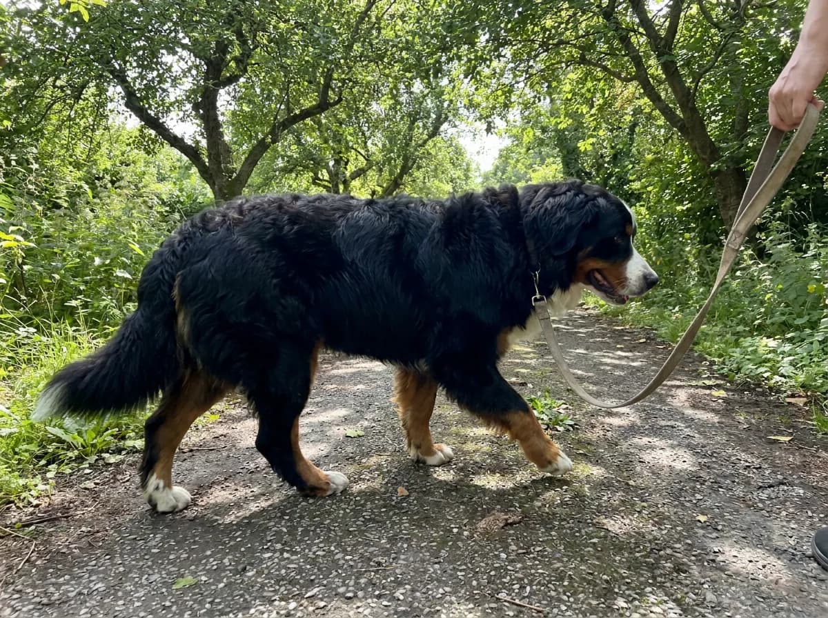 Bernese Mountain Dog walking on a slack leash along a level shaded path.
