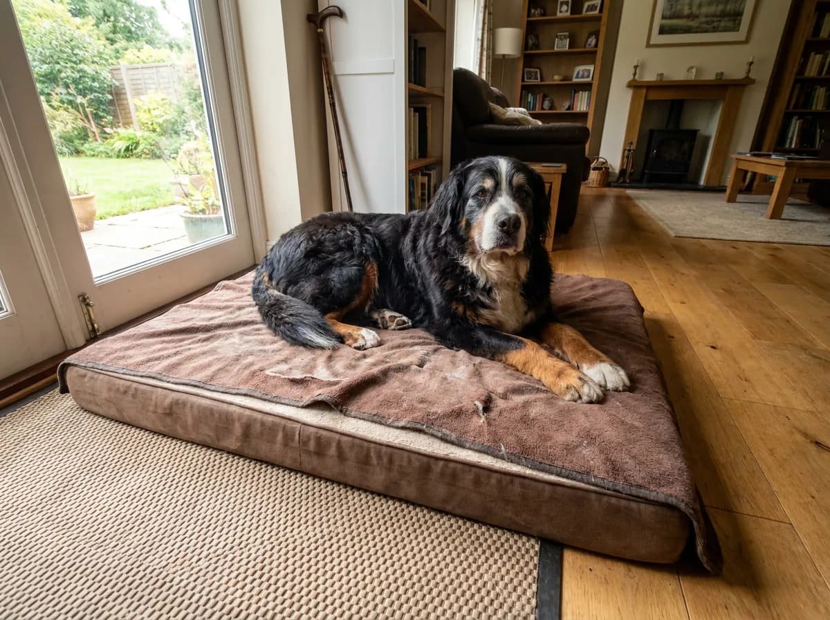 Mature Bernese Mountain Dog resting on a broad low bed beside a clear doorway.